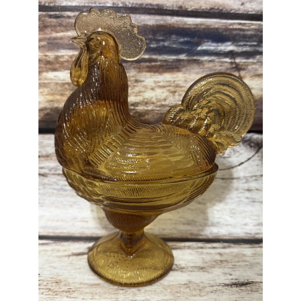 Vtg L.E.Smith Amber Glass 9" Standing Rooster Pedestal Covered Dish Farm Decor